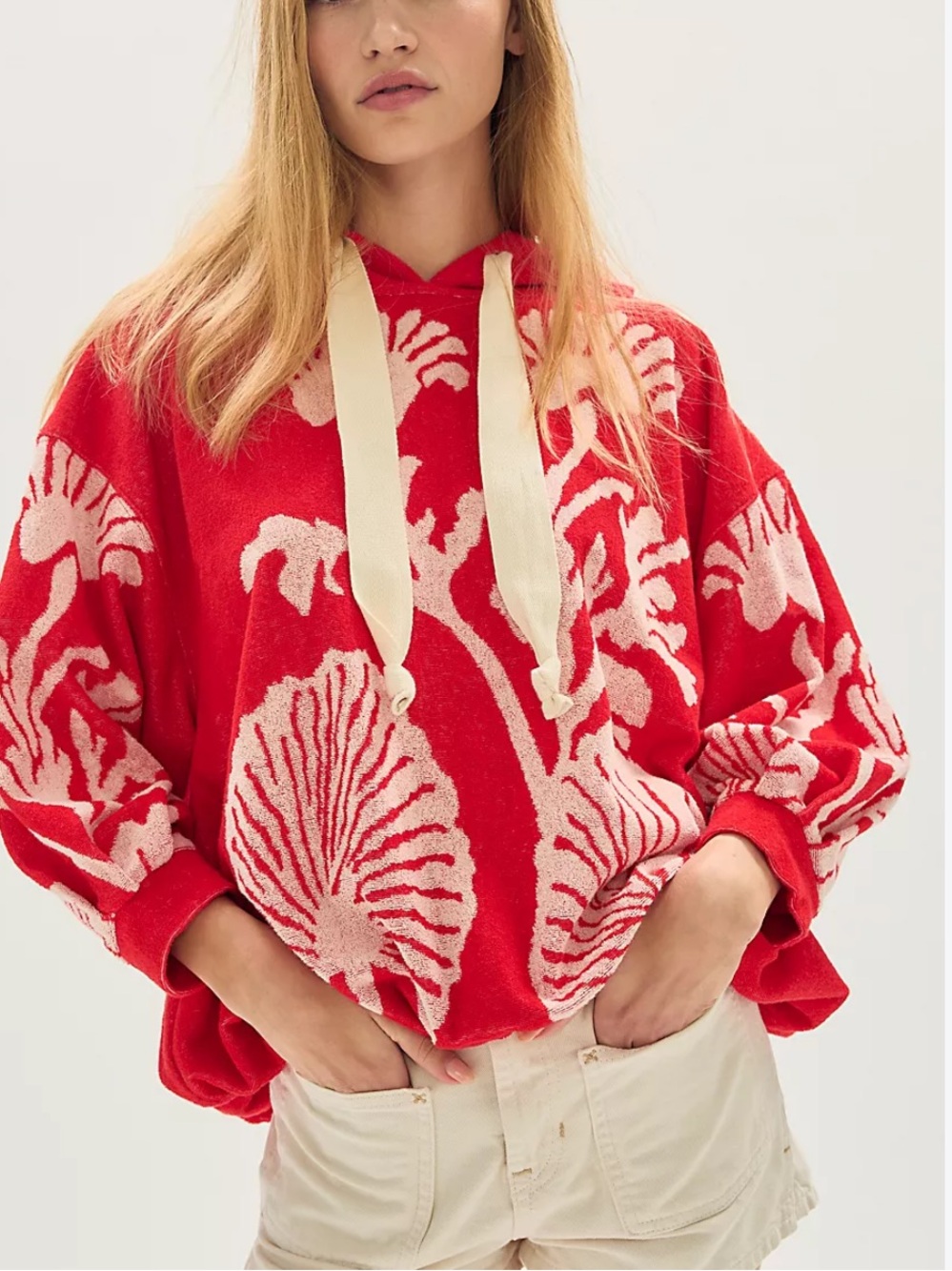 083.New $168 Free People Shell Baby Hoodie Red and White Oversized